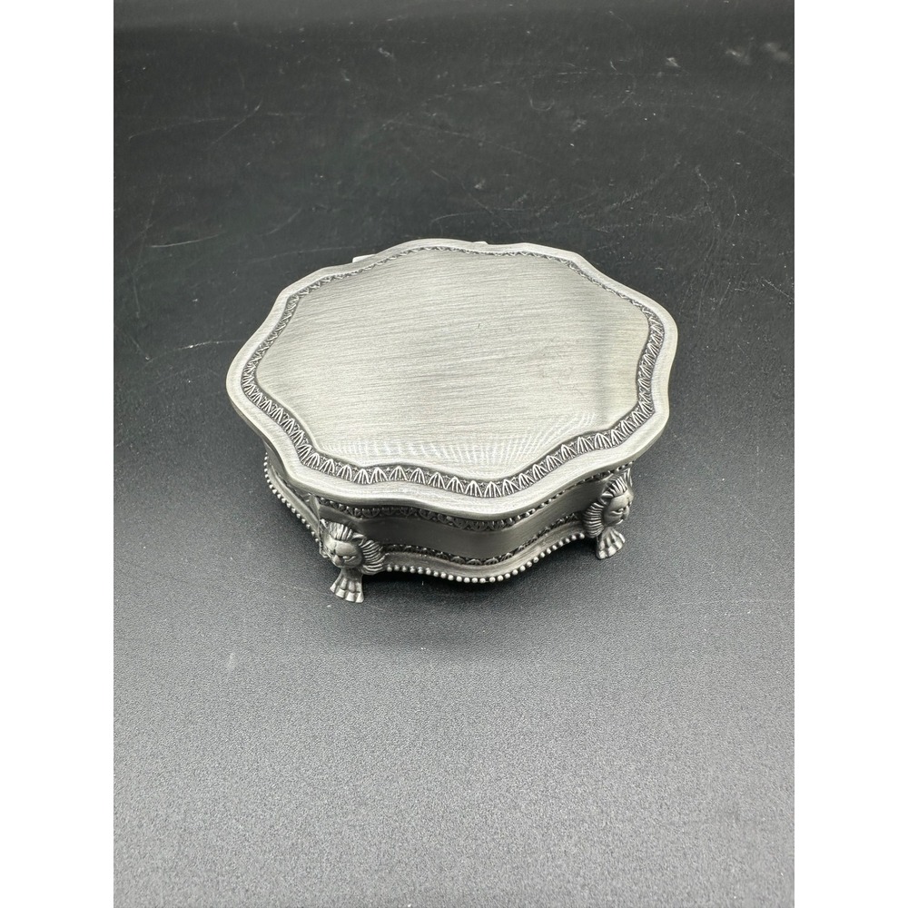 Victorian Style Metal Trinket Box with Lion Feet Scalloped Oval Velvet Interior